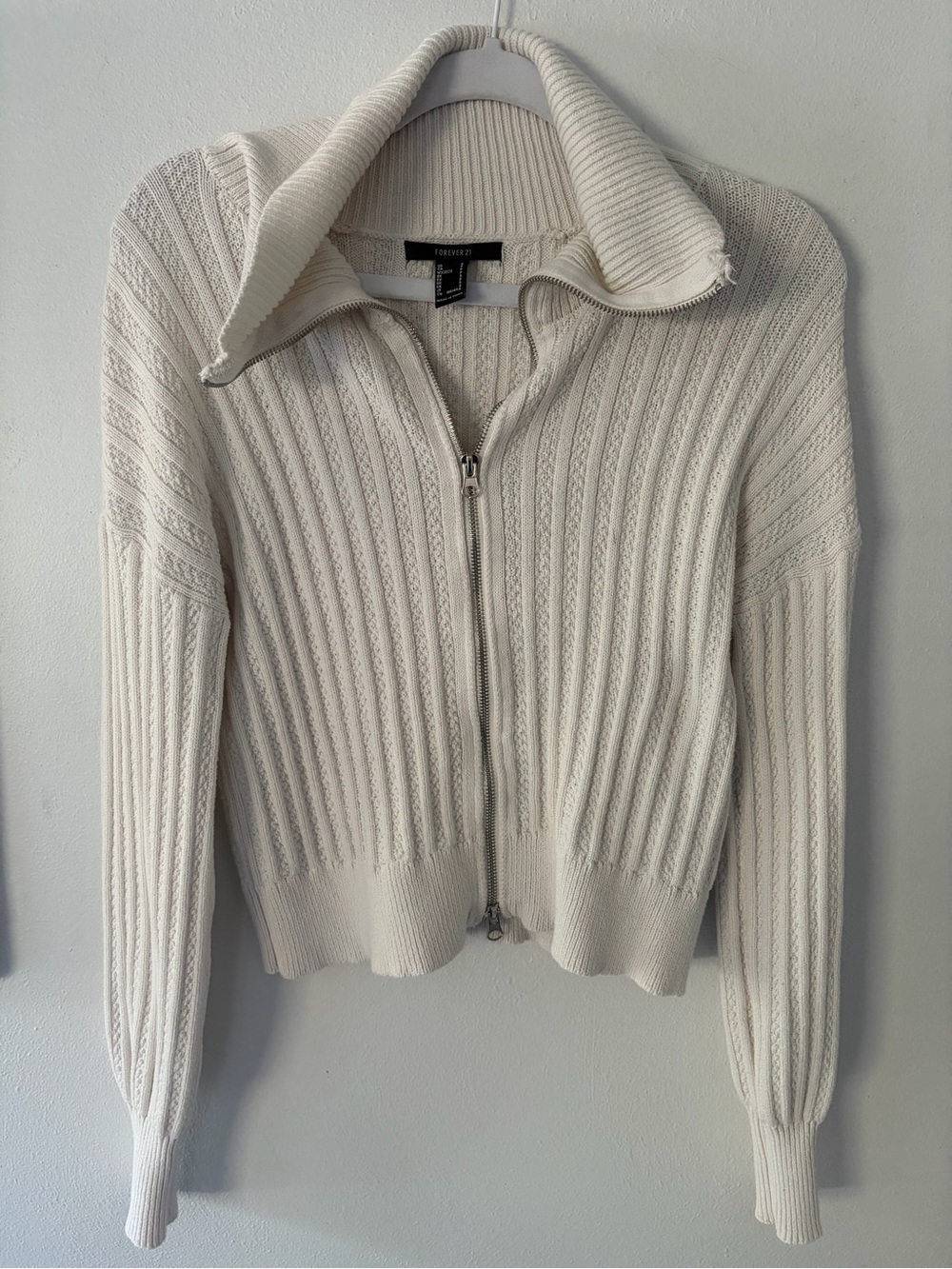 Forever 21 Ivory Ribbed Zip-Up Cardigan
